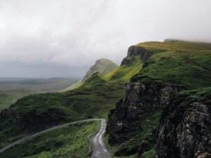 Misty mountains and road