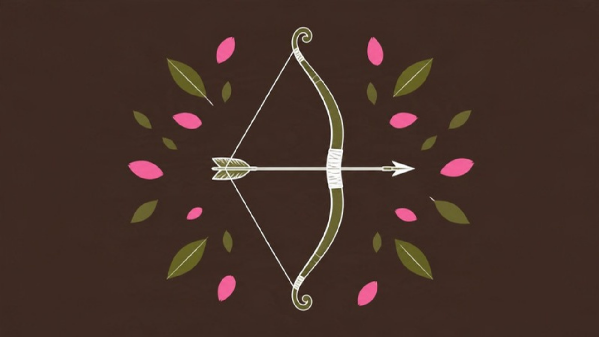 A drawn bow with an arrow set on the string, ringed by olive leaves and pink petals on a brown ground.