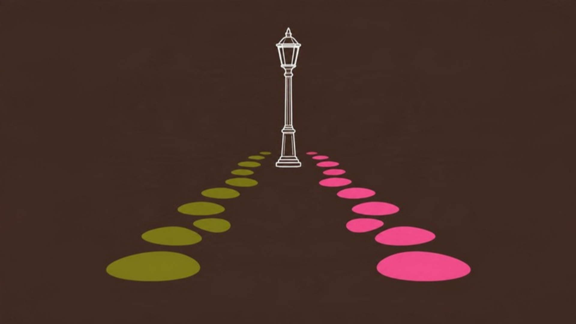 Two paths of olive and pink stepping stones diverge toward a single white lamp-post on a brown ground.