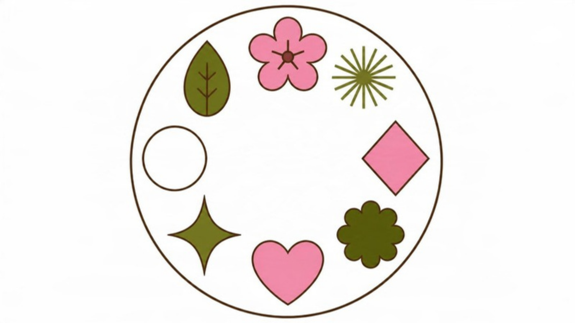 One wide unbroken ring holding unlike shapes of equal size, with no dividing lines, in pink and olive on white.