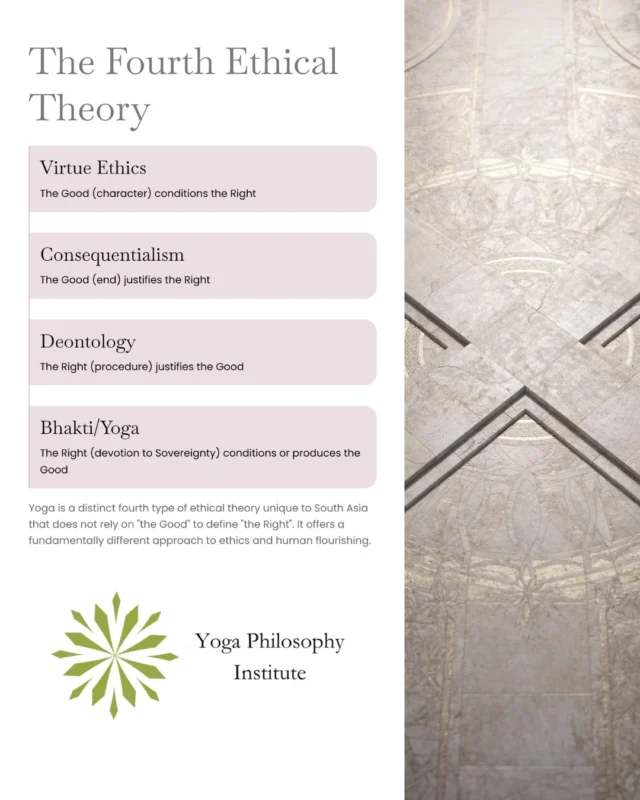 Yoga as a Fourth Ethical Theory 📖✨

“All ethics define the Right by appealing to the Good.”
This reflects the dominance of Western moral theory.
Correction: Yoga reverses the relation: devotion to sovereignty (the Right) produces the Good. Autonomy grounds ethics.

📍 Recommended course: Yoga Moral Philosophy (find at yogaphilosophy.com)
💬 Question: What changes when autonomy—not outcomes—grounds ethical life?
👉 Let us know what you think in the comments.